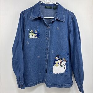 Vtg Lemon Grass Women's Size XL Winter Snowman Denim Top Grandma Teacher Cottage